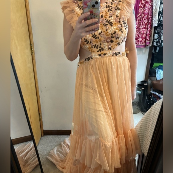 NWT Mac Duggal Cutout Tiered Ruffle Skirt Dress Peach Multi Embroidered - Picture 8 of 16